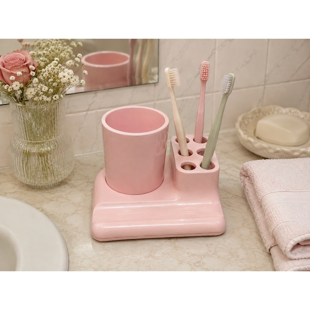 Vintage Pink Bathroom Vanity Set Toothbrush Holder Cup Soap Dish Retro Made USA